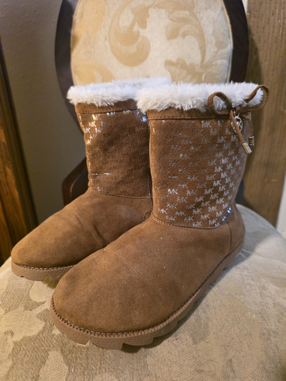 MICHAEL KORS Brown MK Logo Faux Fur Lined Suede Boots